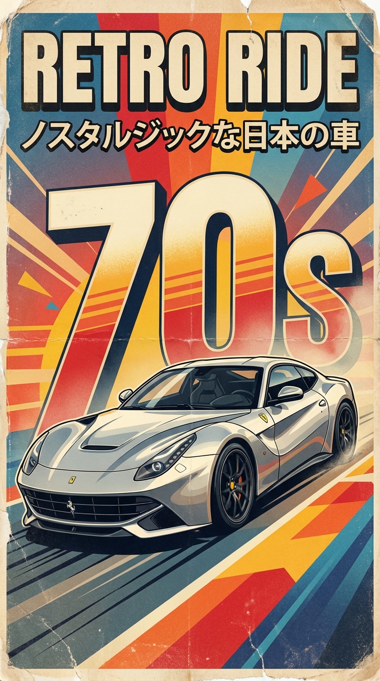 Vintage Japanese car poster generated with ChatGPT prompt, distressed paper effect, retro racing composition, social-ready AI car artwork