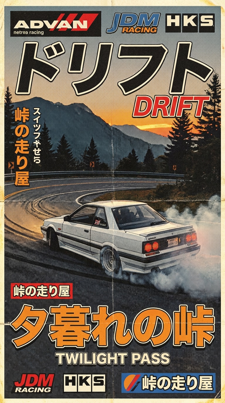 Mountain Pass Drift Action - Vintage Japanese Racing Poster dusk composition