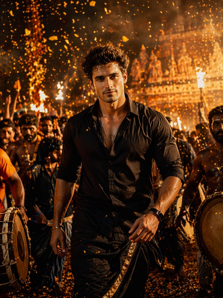 Temple Fire Procession Style Karuppu movie prompt