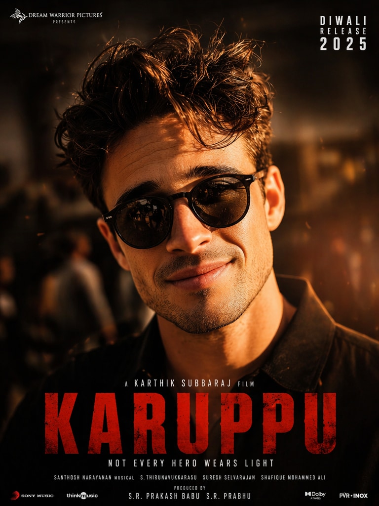Cinematic Mass Hero Close-Up Style Karuppu prompt