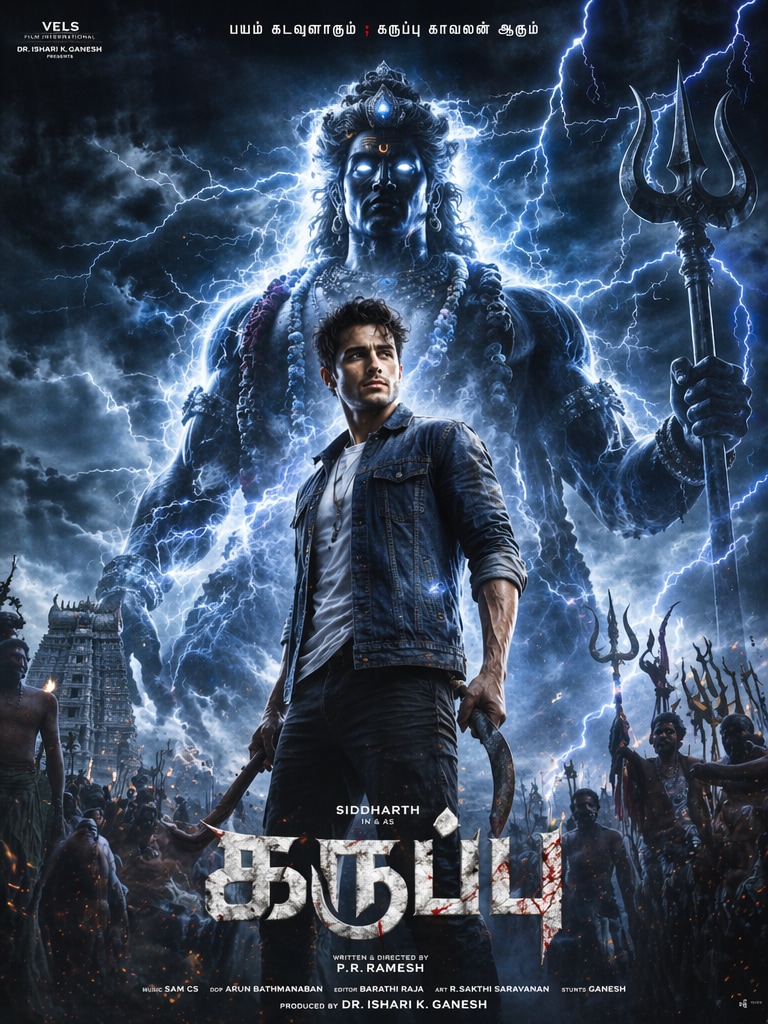Karuppu movie poster prompt with divine guardian energy