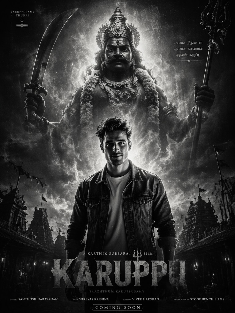 Karuppu movie AI poster with temple fire procession style