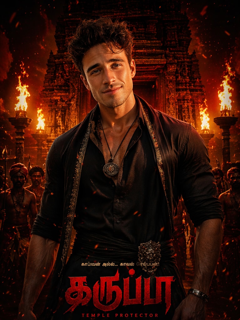 Fiery Temple Guardian Style Karuppu movie poster prompt