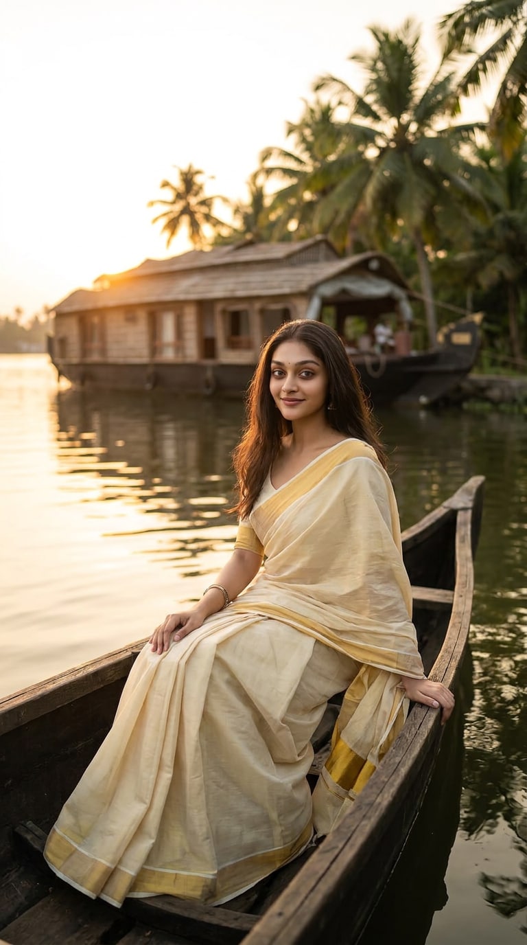 Alleppey Backwater Kerala Saree AI Prompt