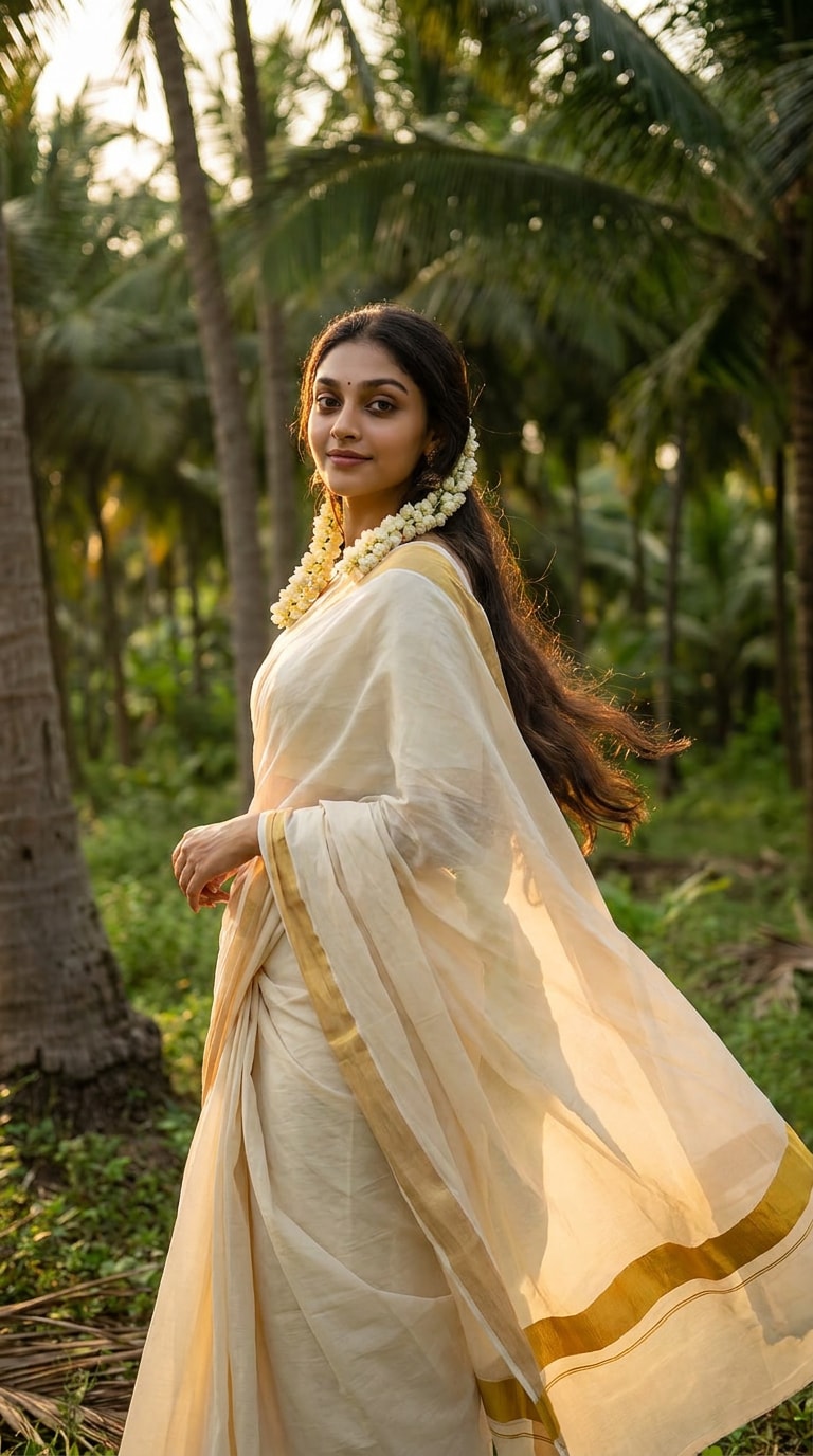 Coconut Grove Kerala Saree AI Photo Prompt