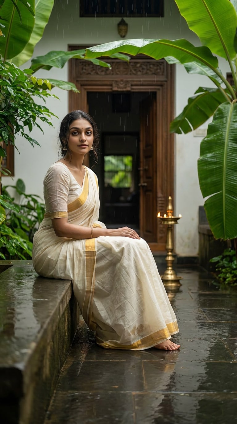 Monsoon Courtyard Kerala Saree Prompt