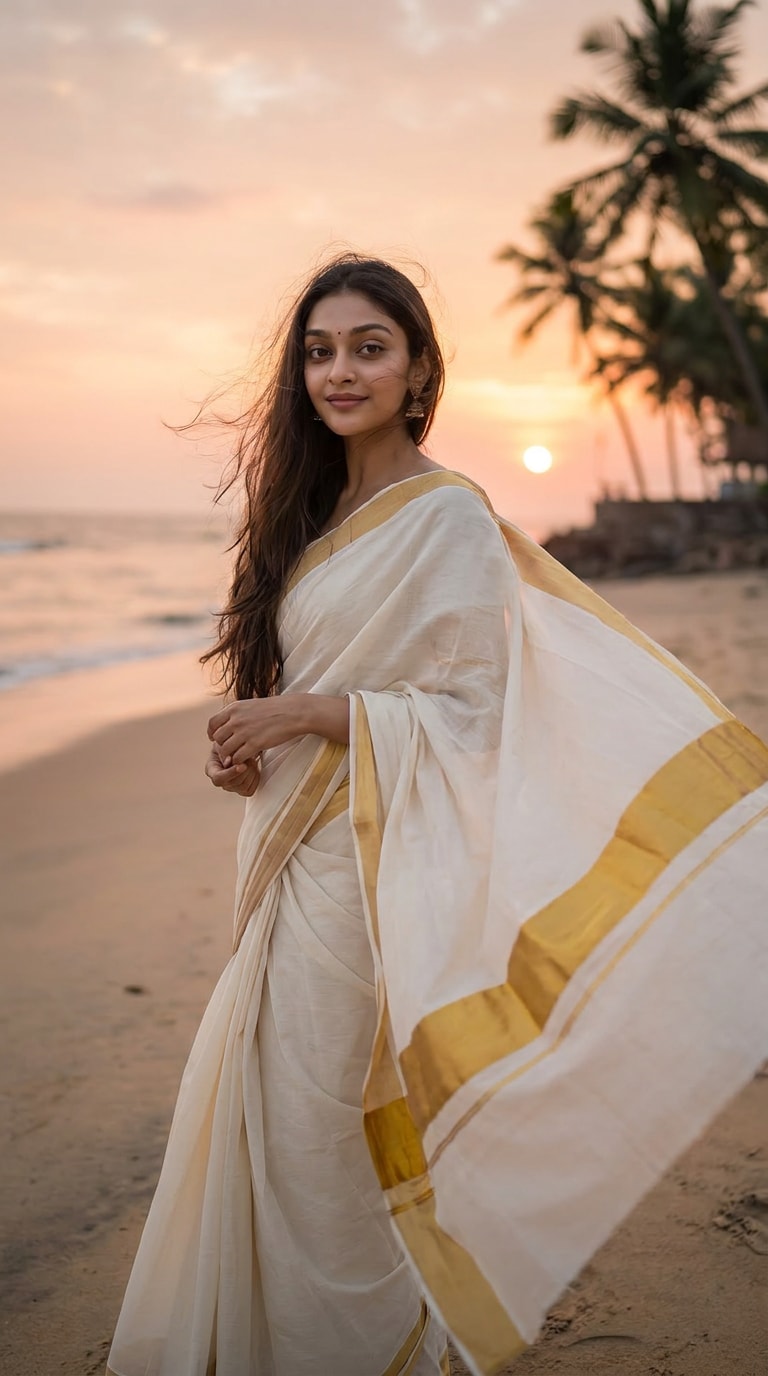 Kerala Beach Sunset Kasavu Saree Prompt