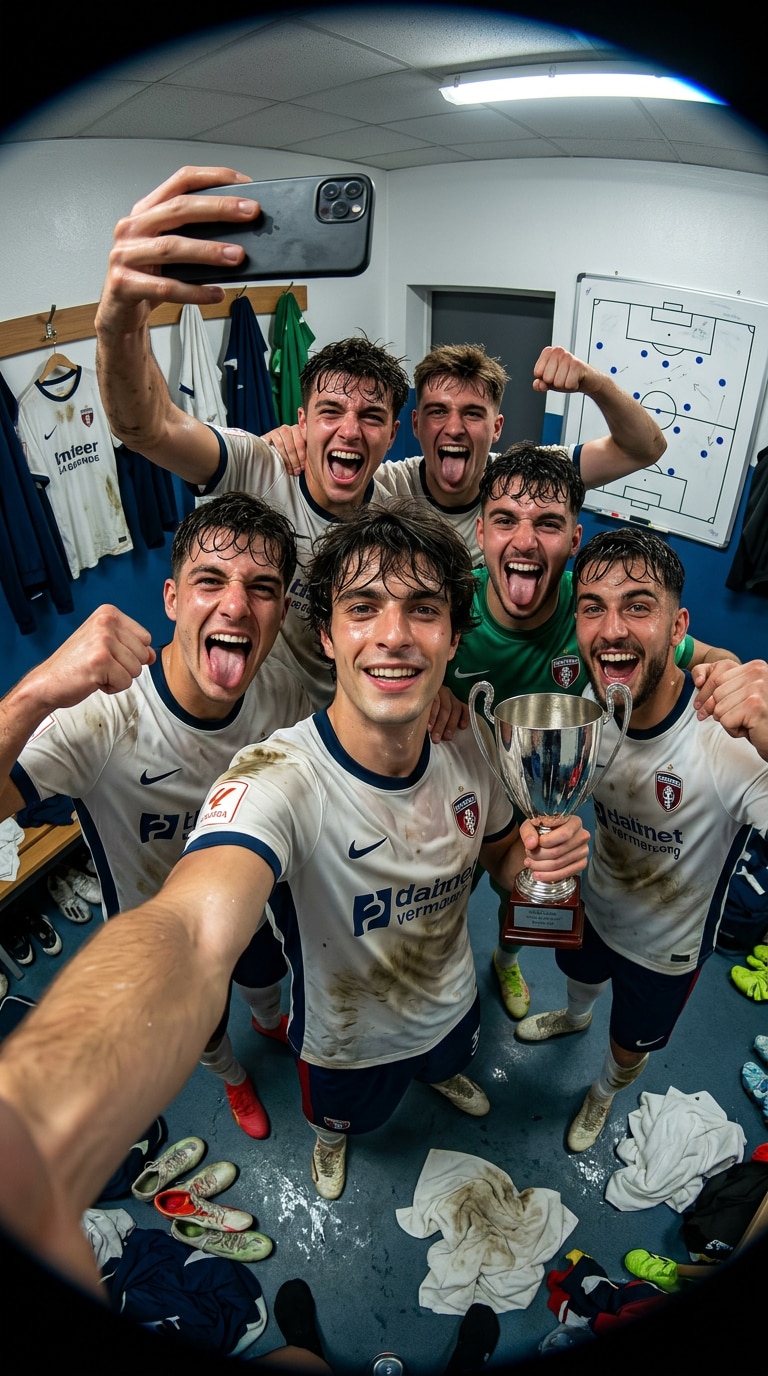 Post-match football locker room selfie prompt