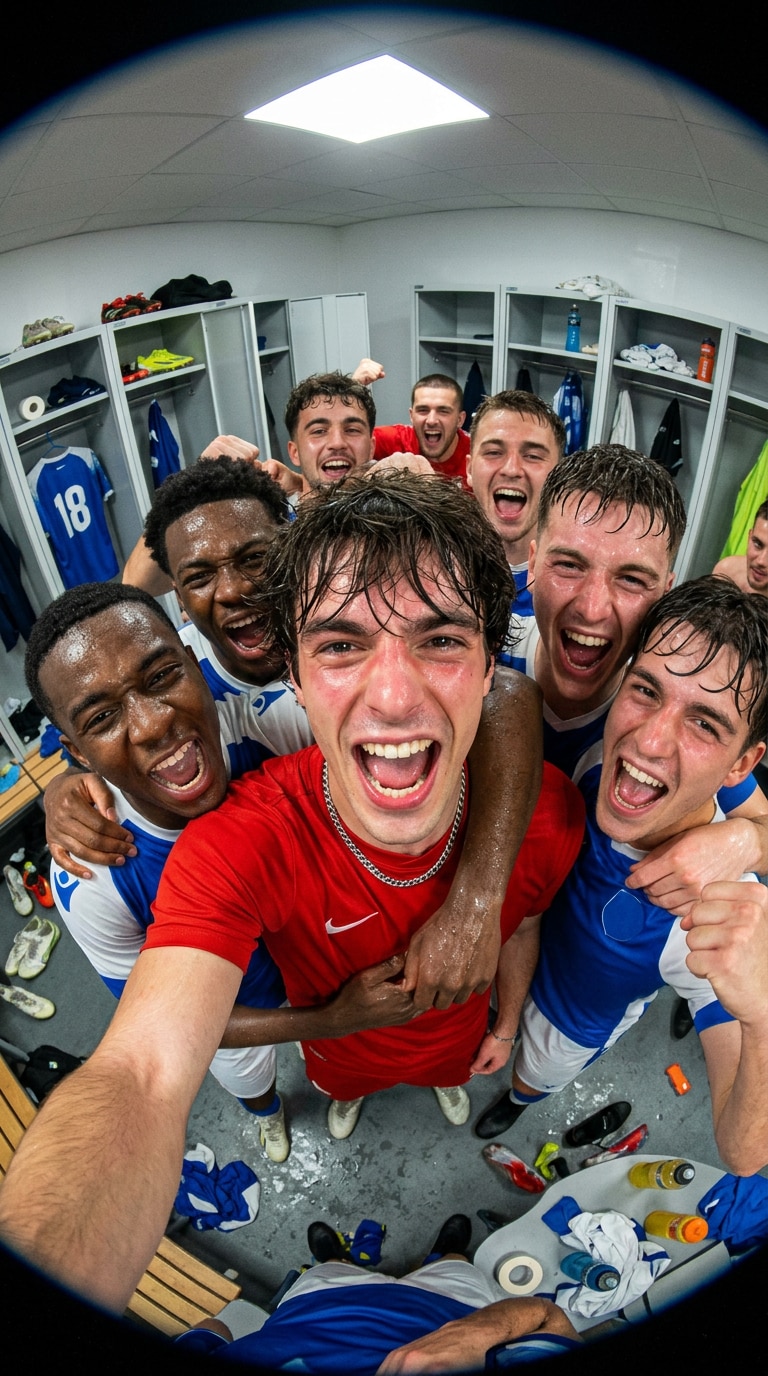 Last-minute win football locker room photo prompt