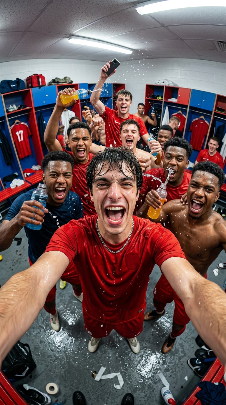 Champions football locker room selfie circle prompt
