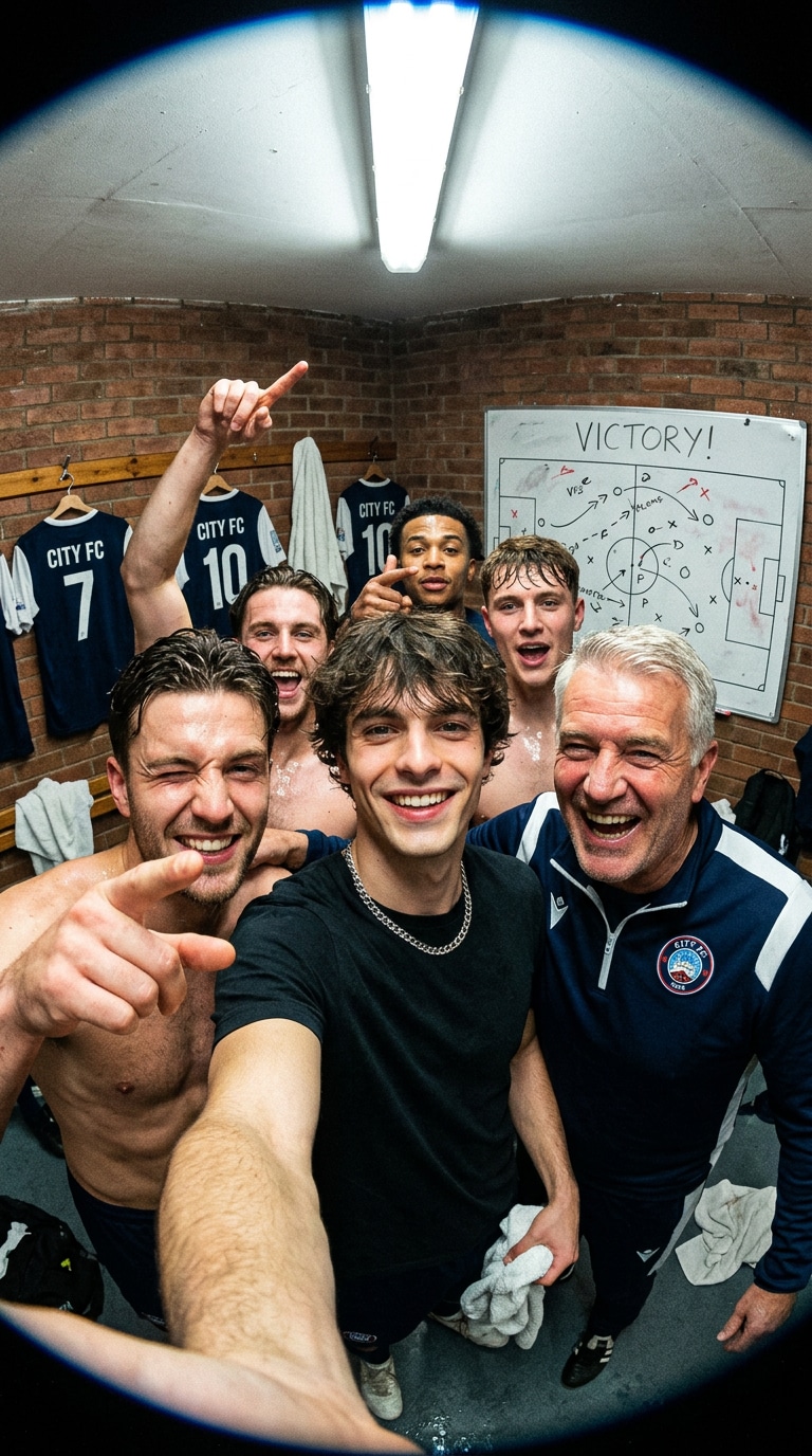 Water spray football locker room celebration selfie prompt