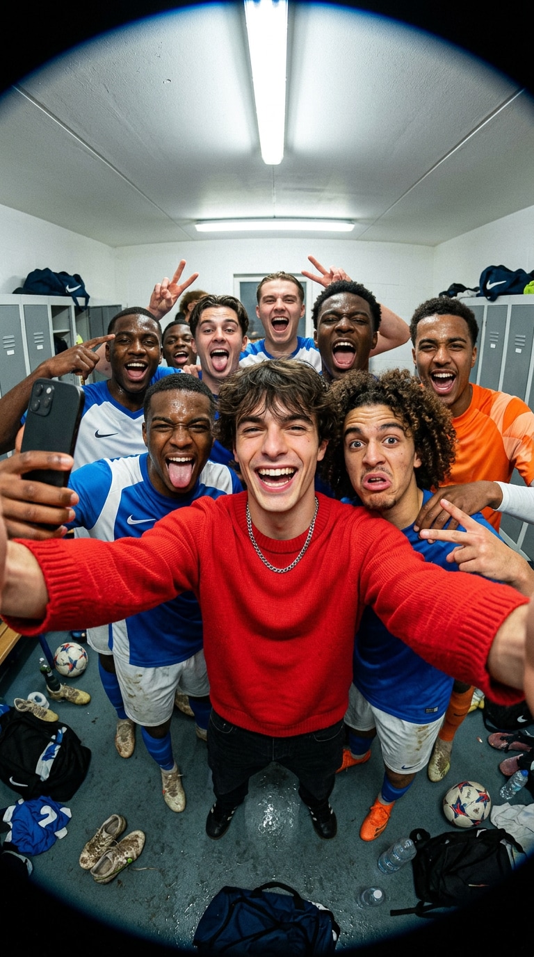 Cup final football locker room selfie prompt