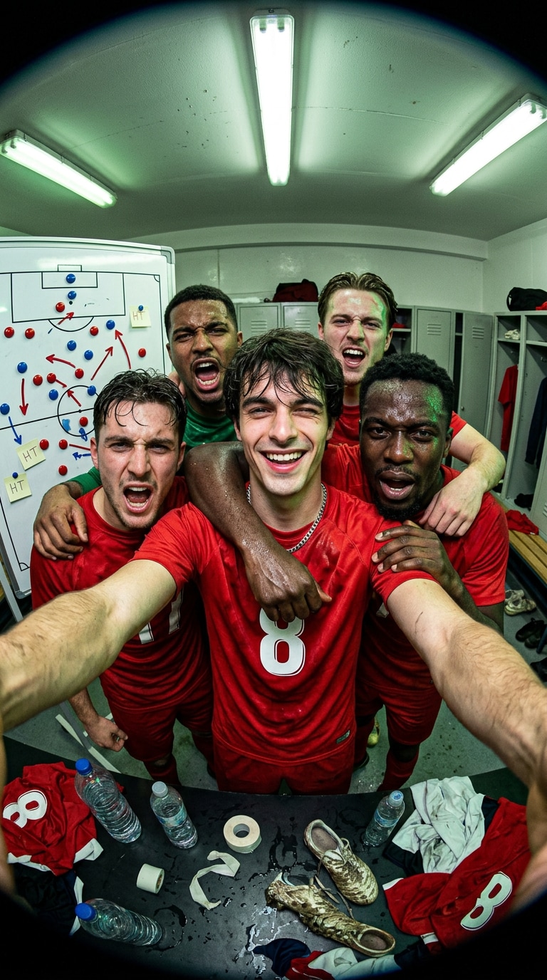 Half-time football locker room selfie prompt