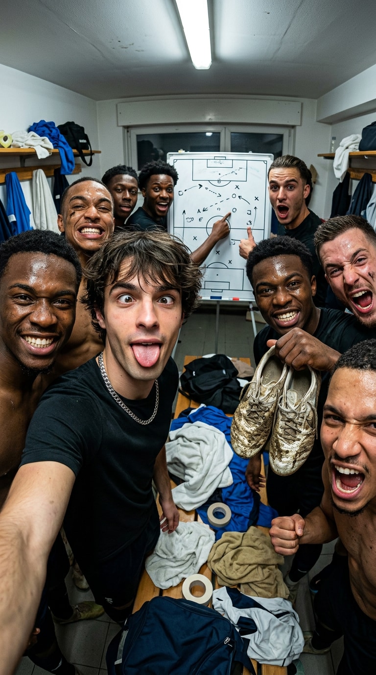 Team bonding football locker room selfie prompt