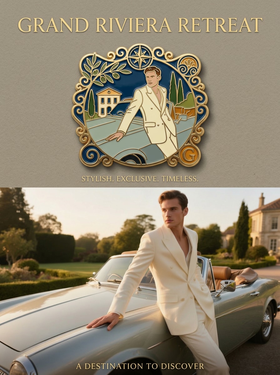 AI travel souvenir poster with enamel pin artwork