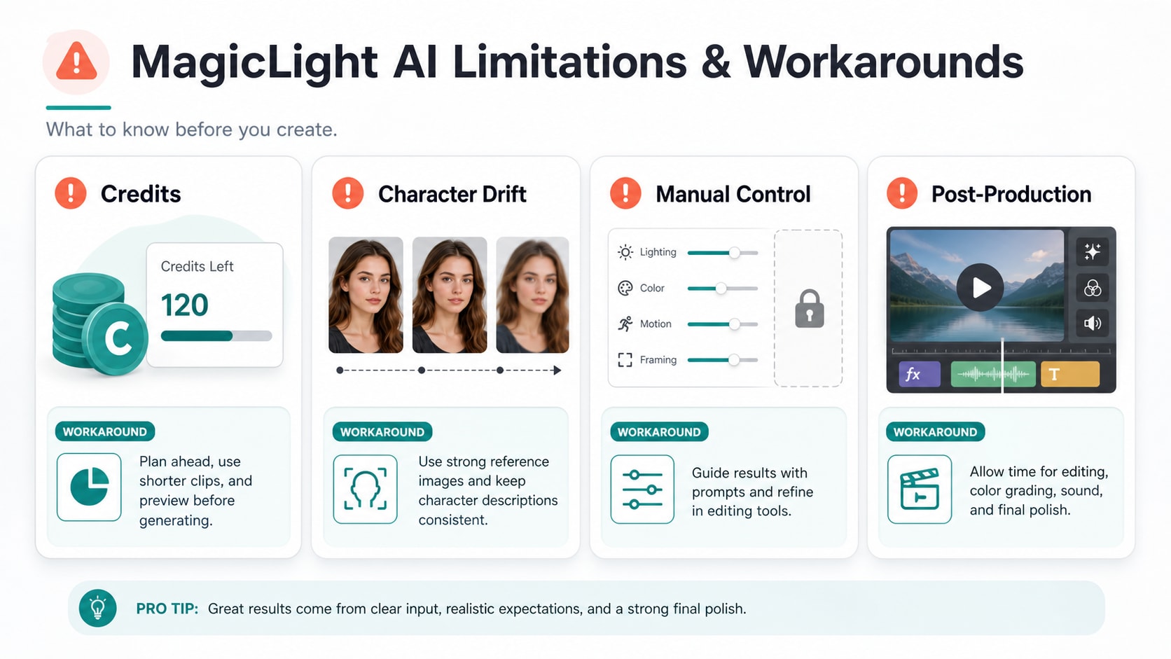 MagicLight AI limitations including credit use character drift and post-production needs