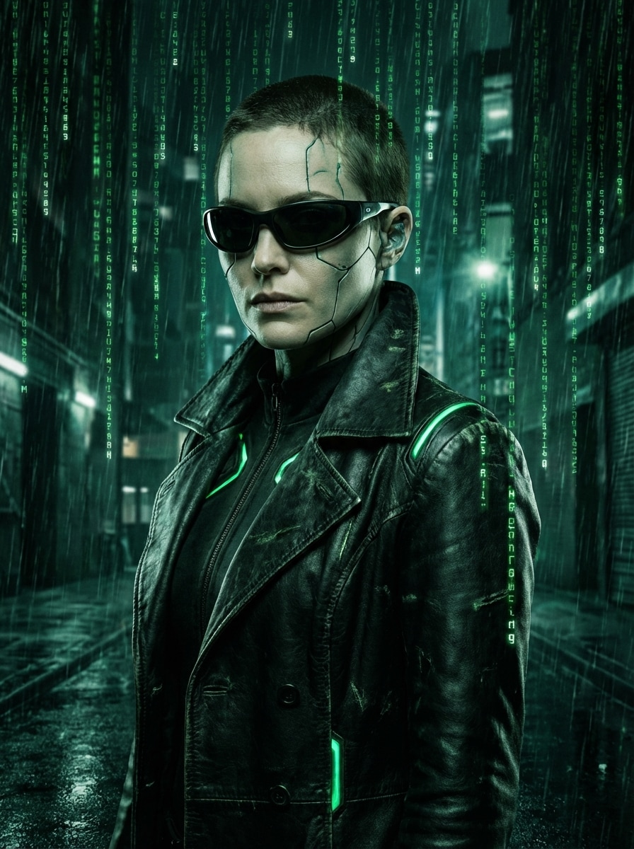 Matrix Green Code Cinematic Portrait