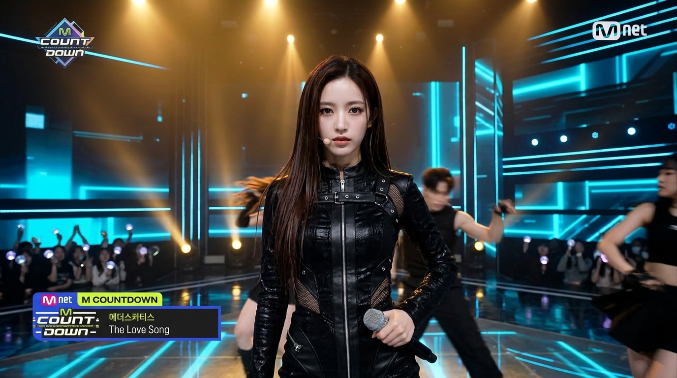 Iconic M Countdown Stage Center Moment - realistic K-pop idol broadcast screenshot