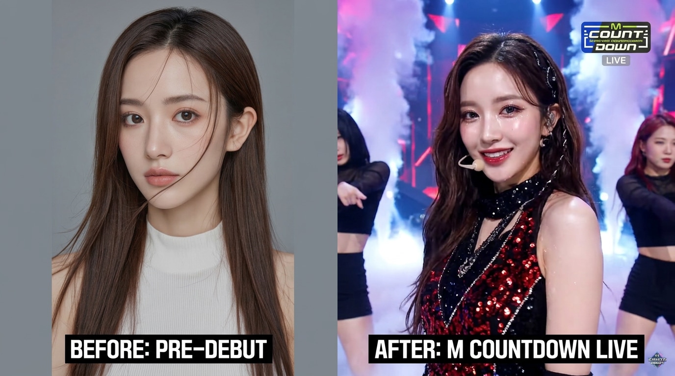 AI photo to broadcast screenshot conversion - K-pop transformation