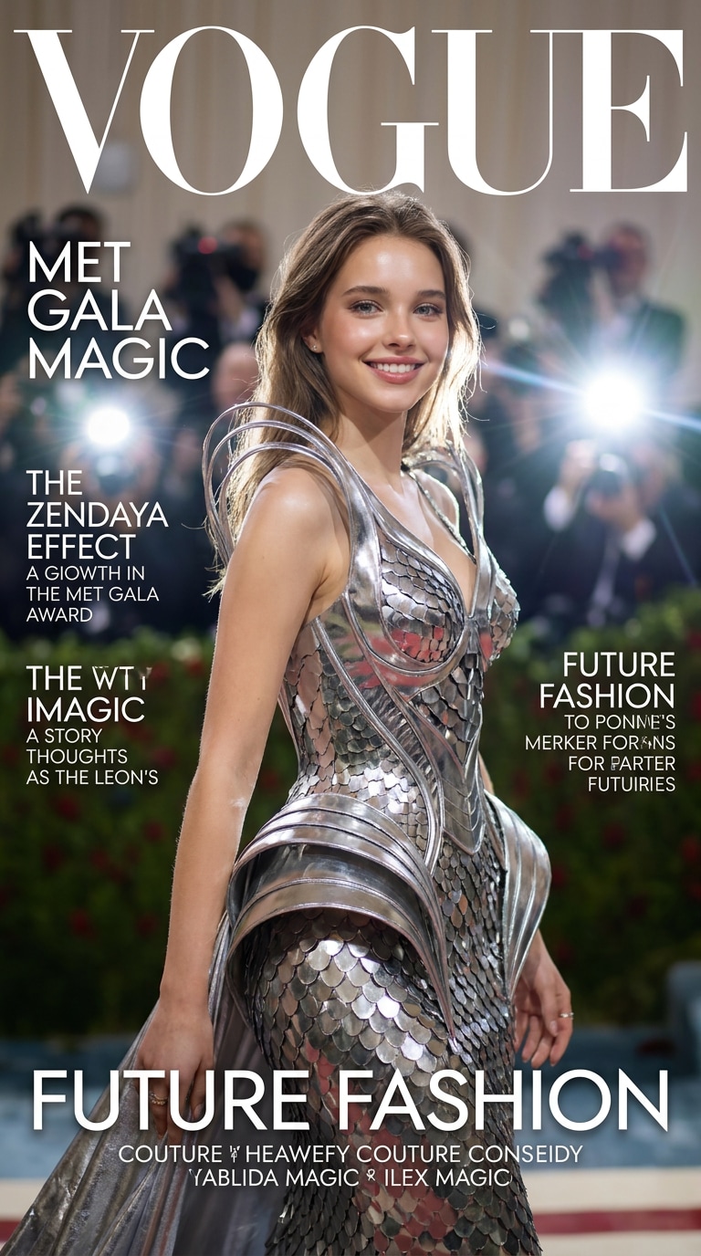 AI Met Gala avant-garde fashion concept: futuristic couture dress, surreal runway lighting, editorial high fashion photography, cinematic red carpet aesthetic