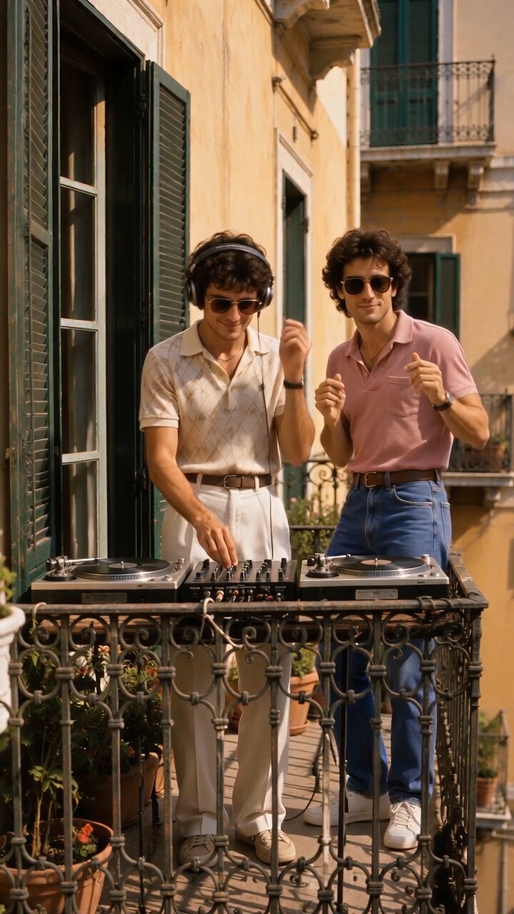 Two-person reference for a Mind Enterprises balcony AI video