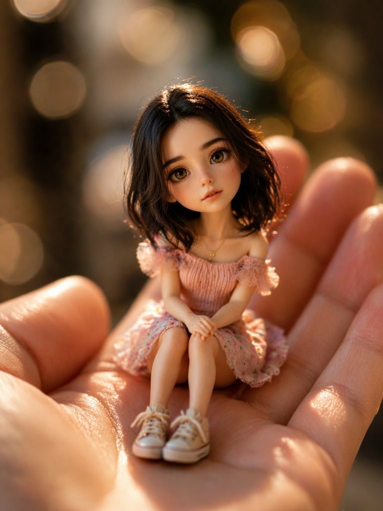 Ultra Cute Miniature Girl in Hand miniature AI photo editing prompt