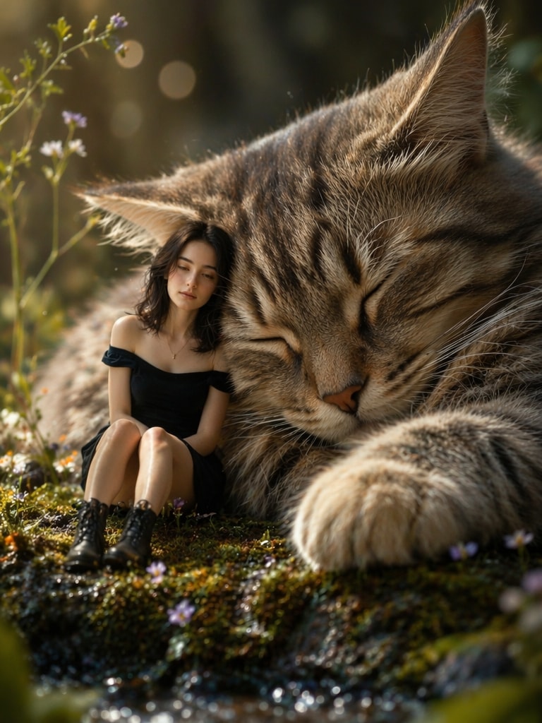Tiny Girl with Oversized Cat miniature AI photo editing prompt