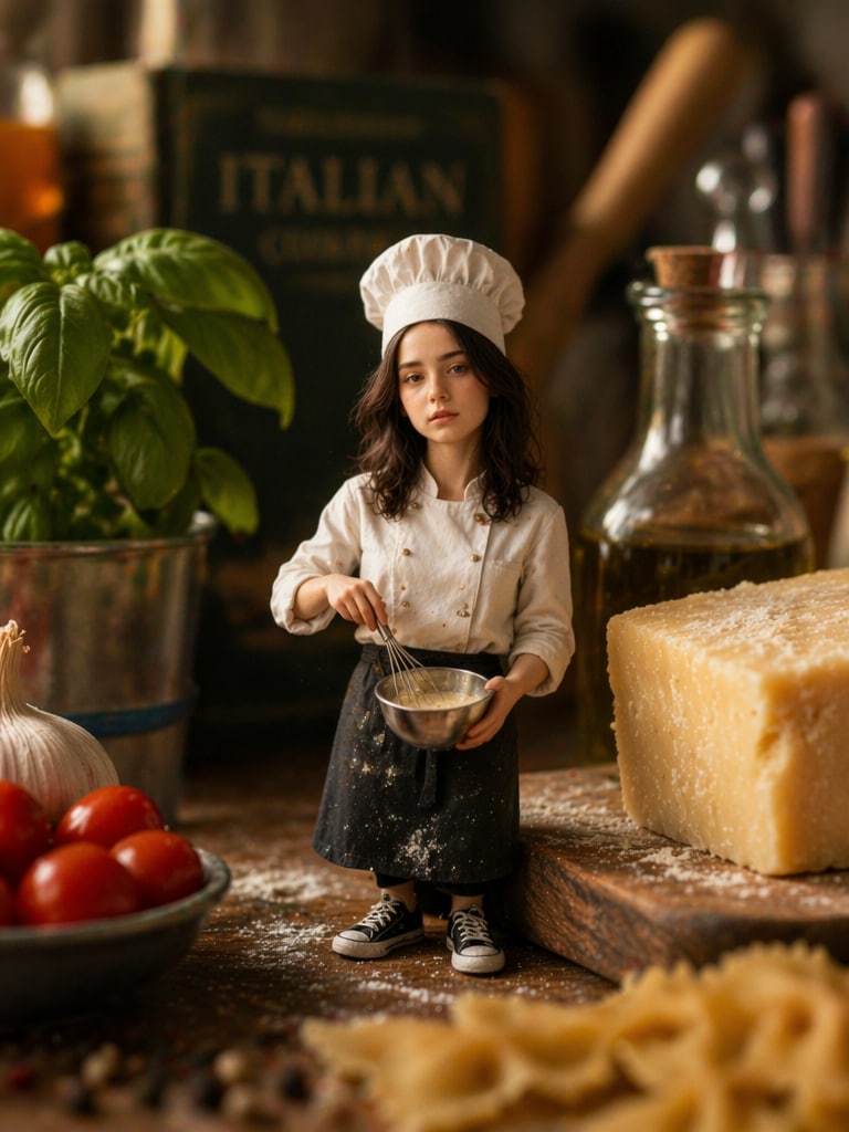 Cute Mini Chef on Kitchen Counter miniature AI photo editing prompt