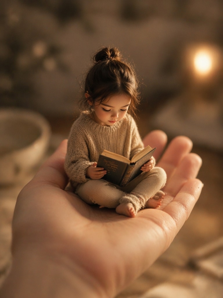 Tiny Girl Reading Book on Palm miniature AI photo editing prompt