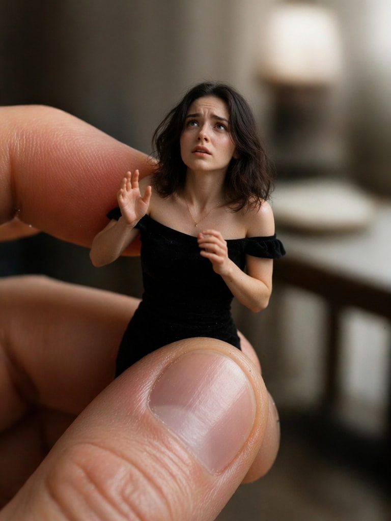 Tiny Sad Girl Pinch Effect miniature AI photo editing prompt