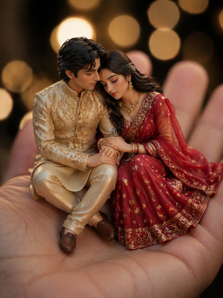 Mini Couple Sitting on Palm miniature AI photo editing prompt