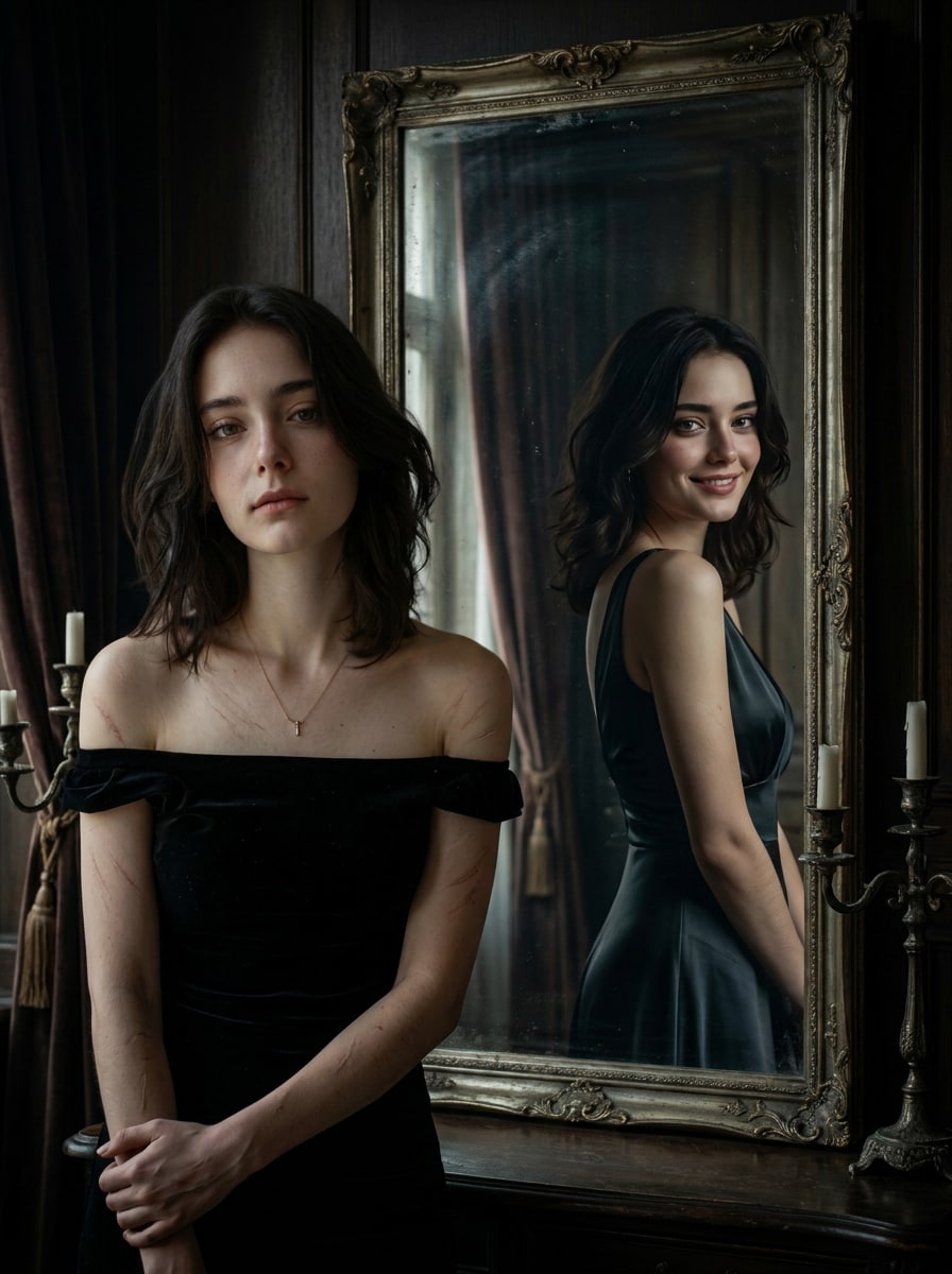 Dark Feminine Mirror Contrast AI Photo prompt