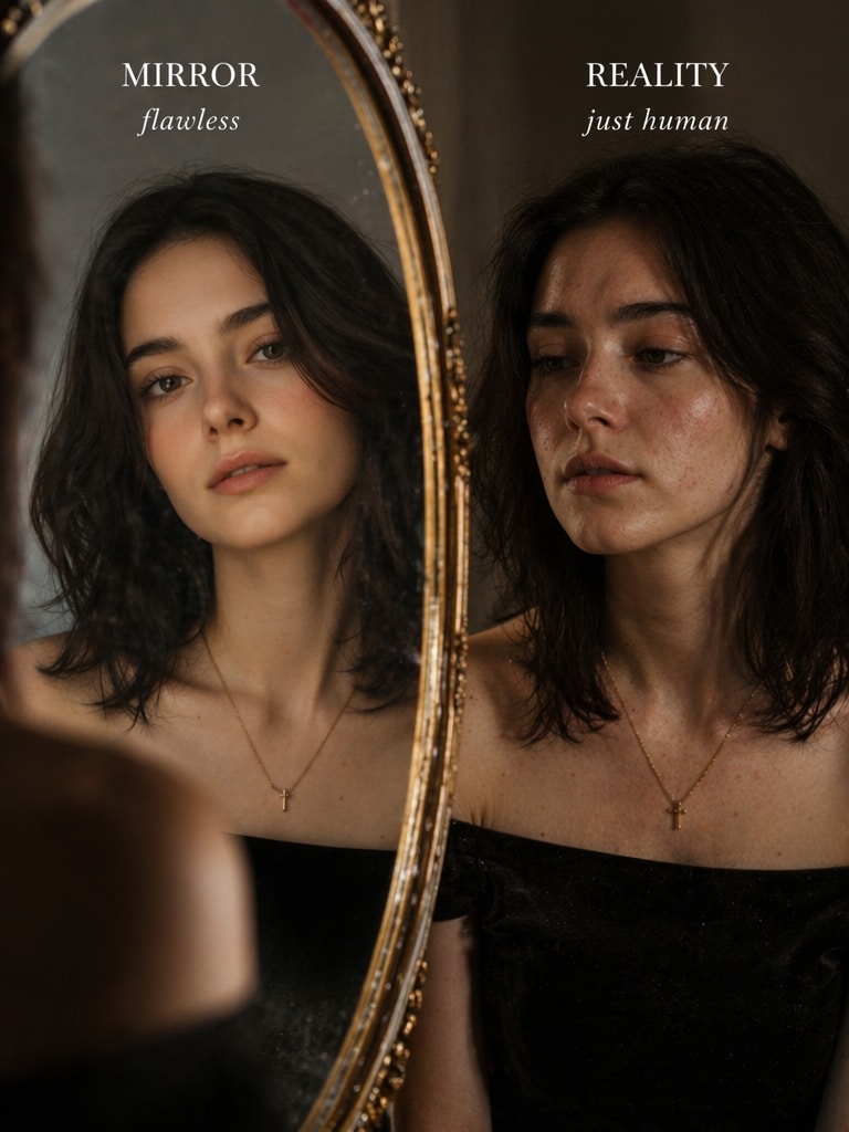 Moody Instagram Editorial Mirror vs Reality AI Photo prompt