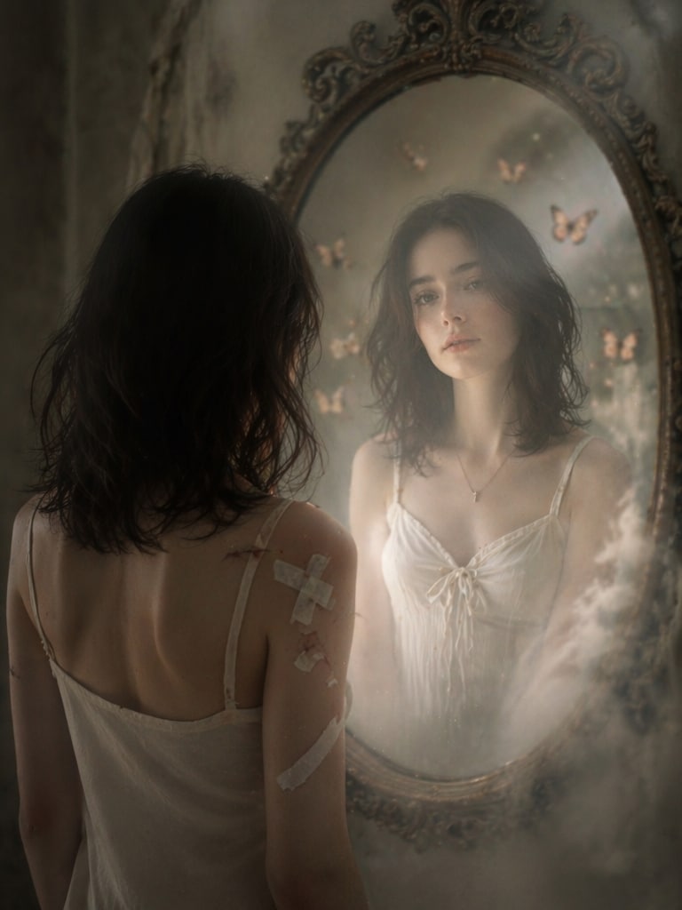 Dreamcore Emotional Mirror Contrast AI art prompt