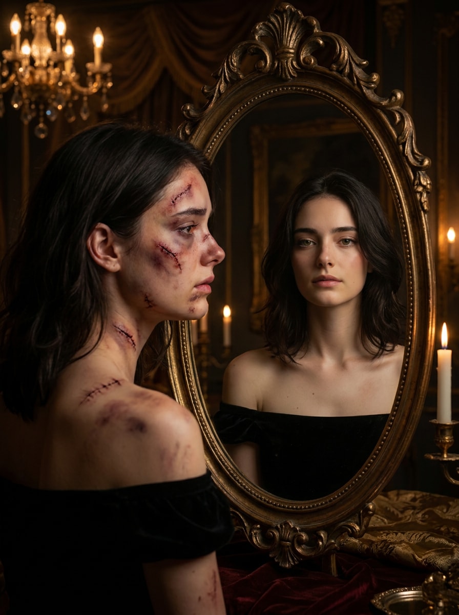Realistic Trauma Symbolism AI Mirror Contrast Art Effect prompt