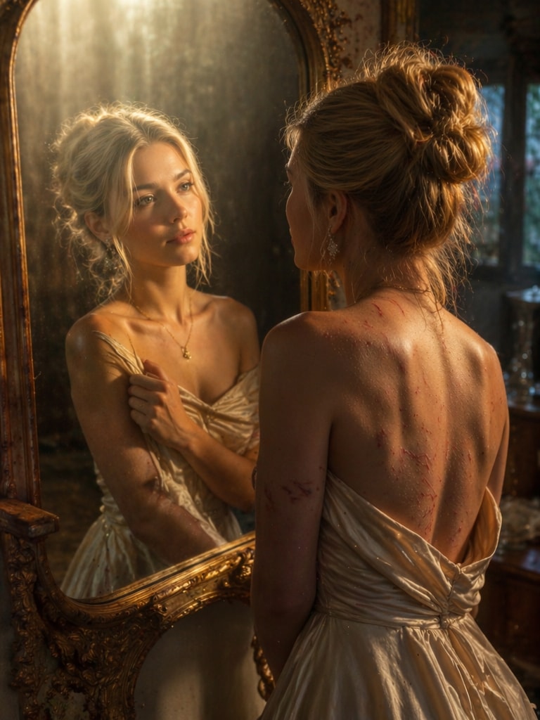 Warm Golden Aesthetic Mirror Contrast AI Photo prompt