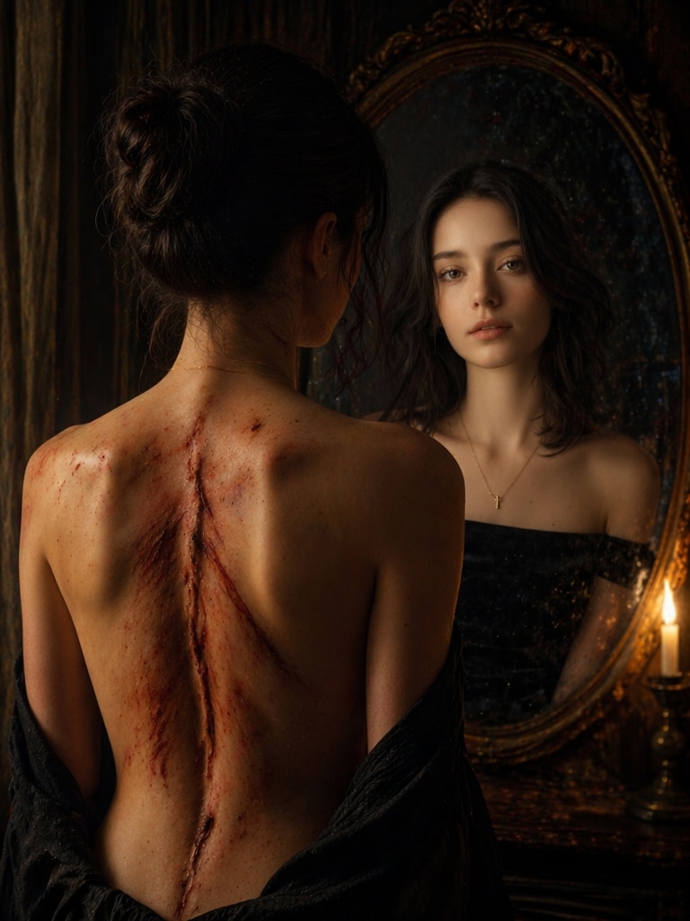 Cinematic Horror Beauty AI photo with scars on the back prompt
