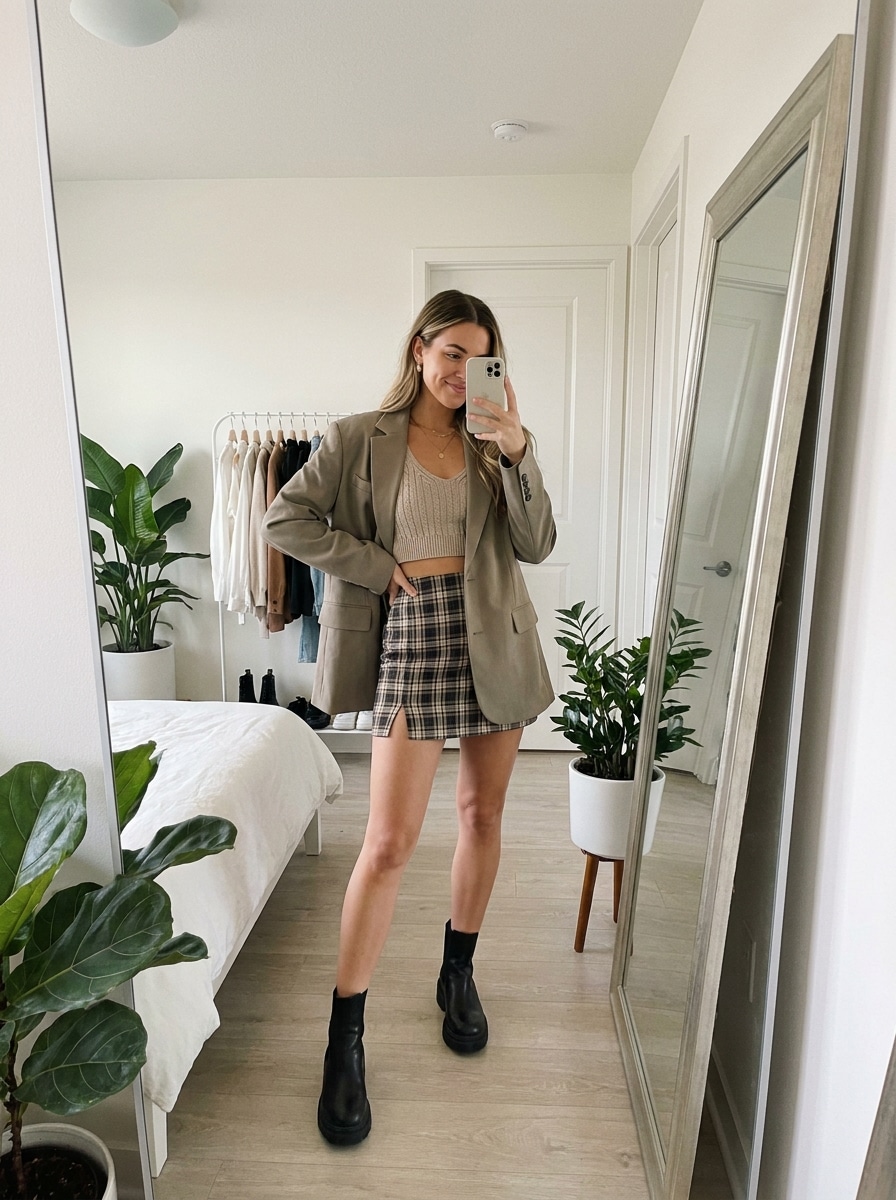 Miniskirt try on mirror selfie