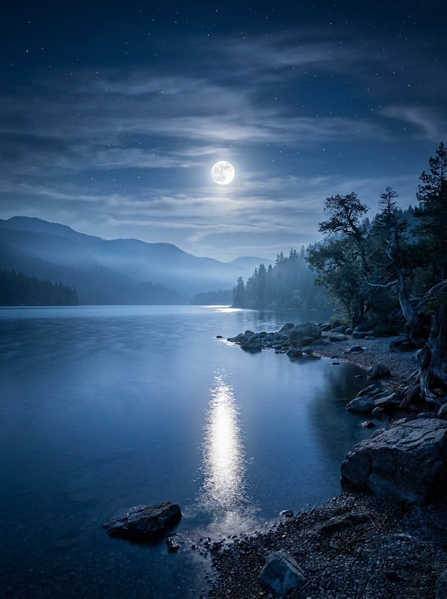 Moonlit Lake Reflection