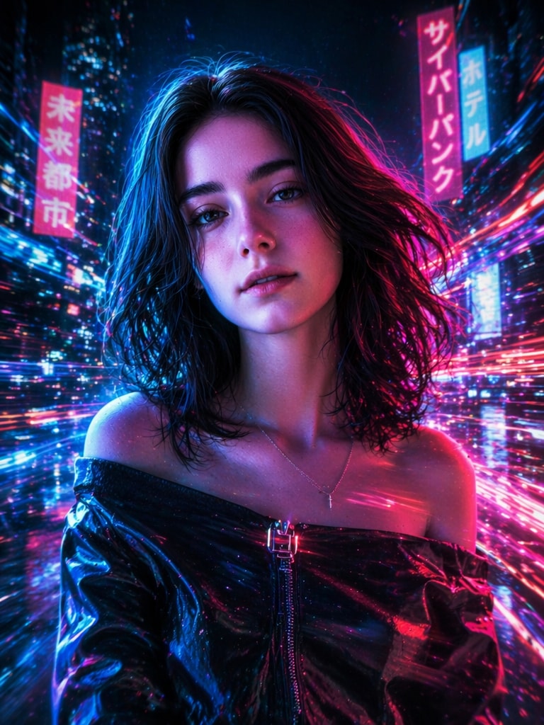Neon cyberpunk motion blur AI prompt
