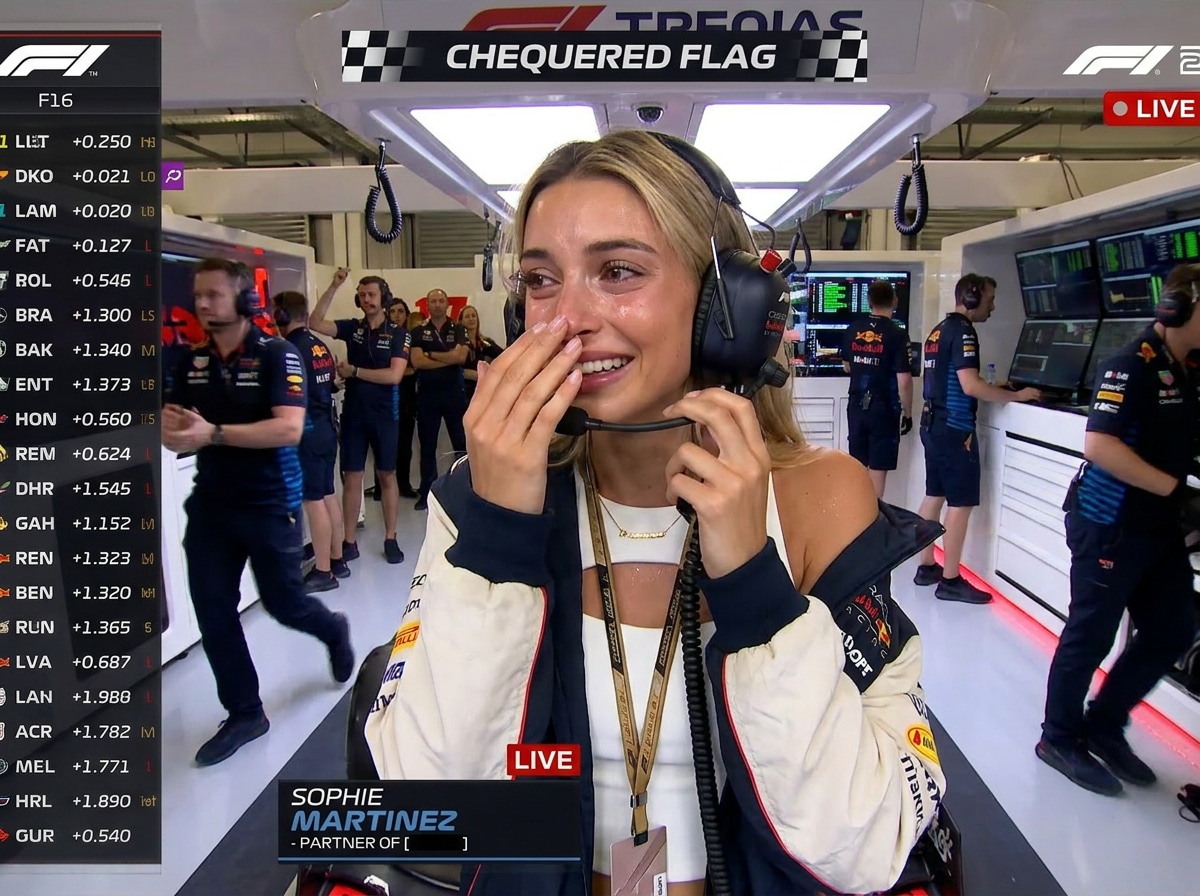 chequered flag emotional reaction F1 broadcast