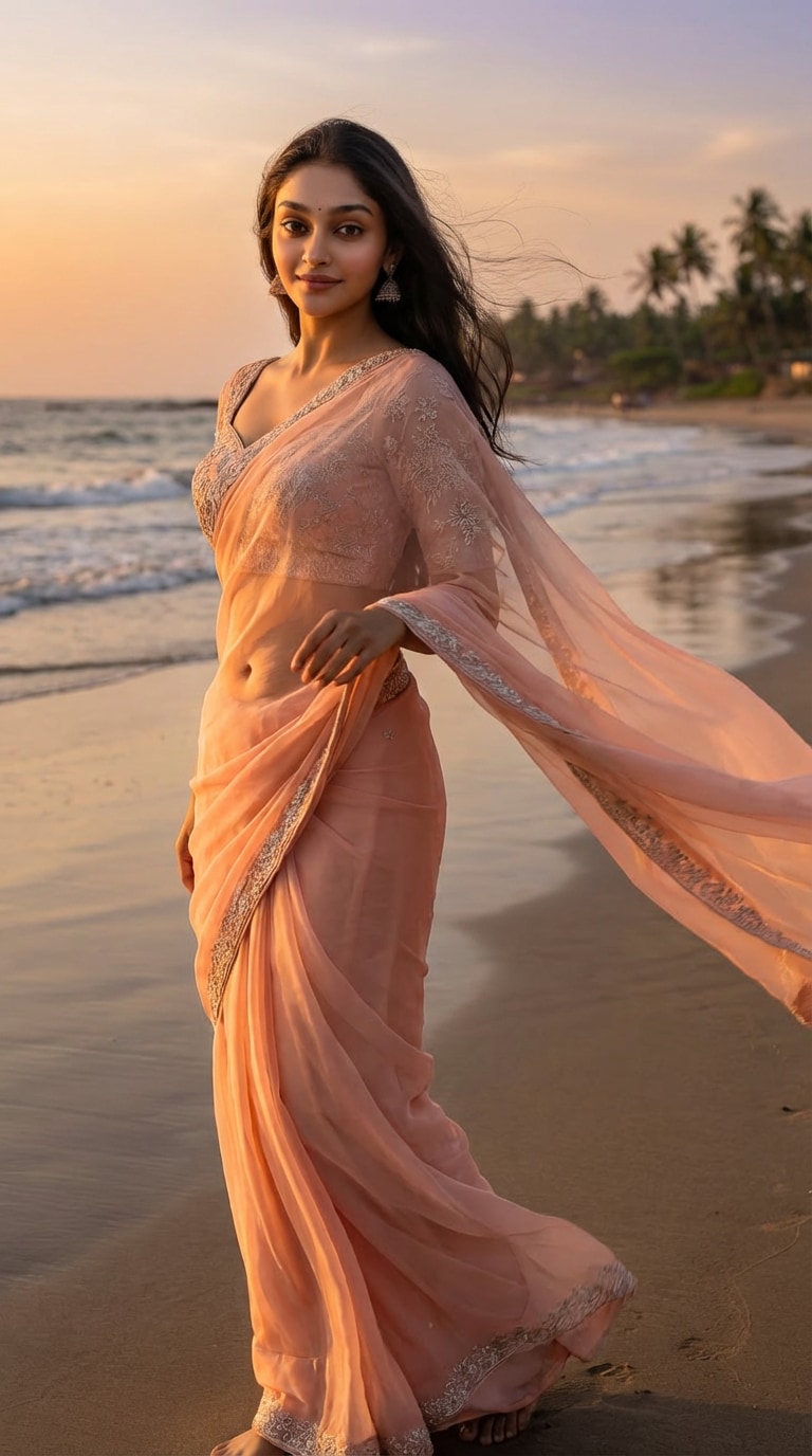 Beach Saree Golden Hour Scene