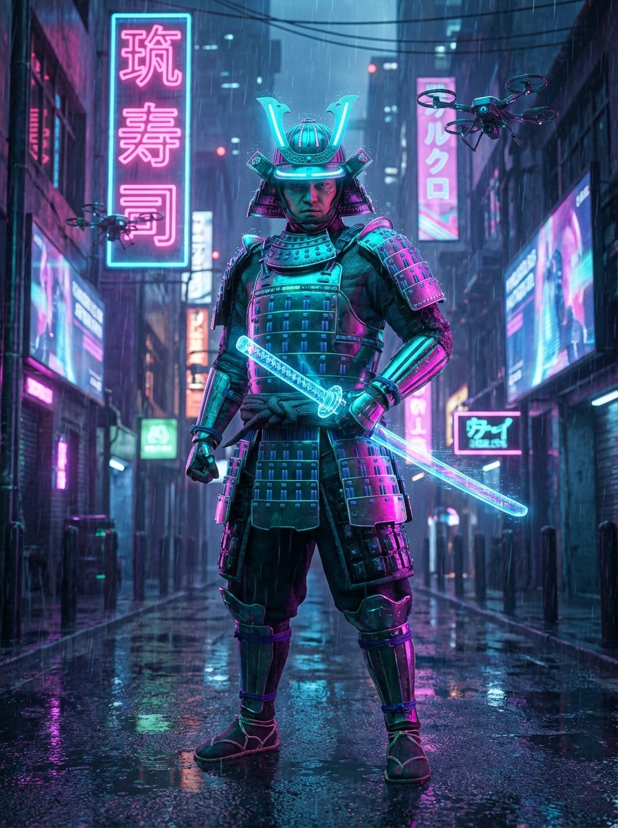 Neon Samurai Cyberpunk Character