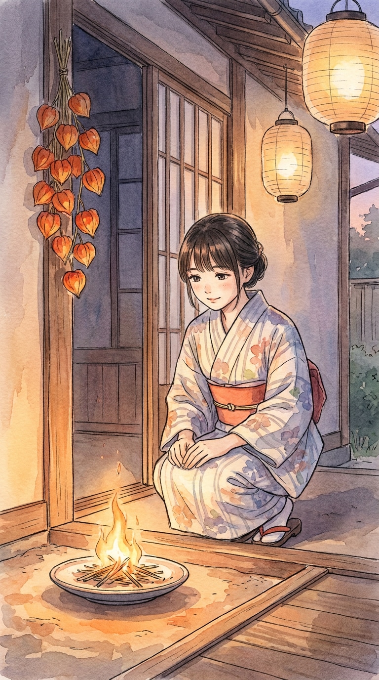 お盆の迎え火AIイラスト素材