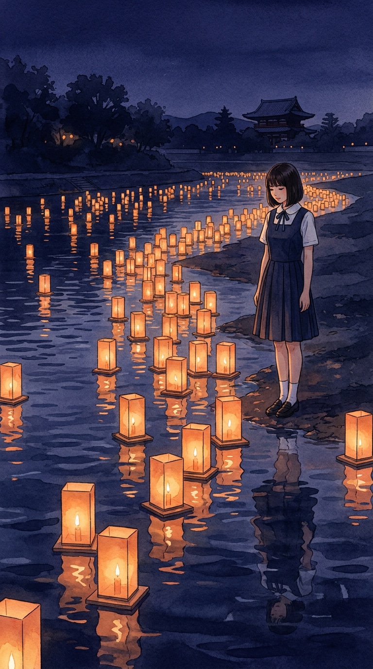 川面の灯籠流しAI画像素材