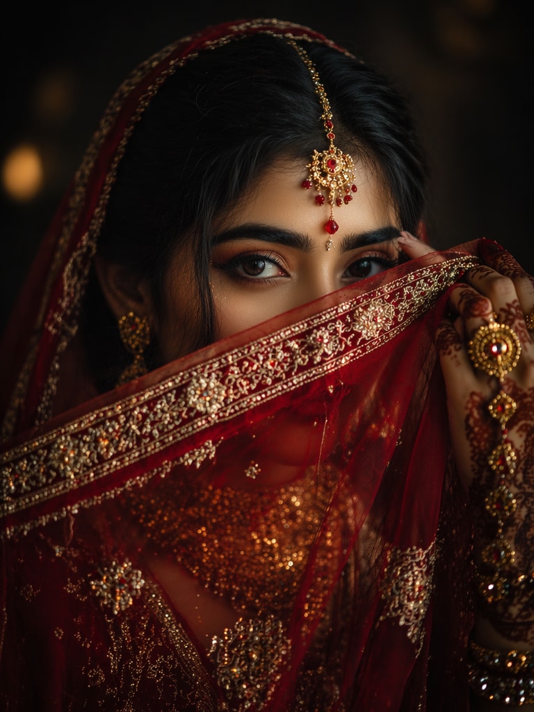 Bride under red veil AI prompt