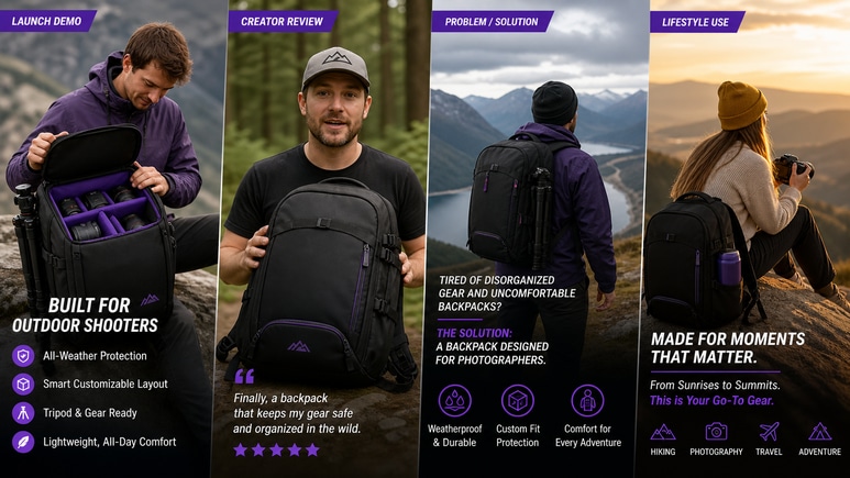 Multiple Outdoor Photography short video styles for ecommerce creative testing
