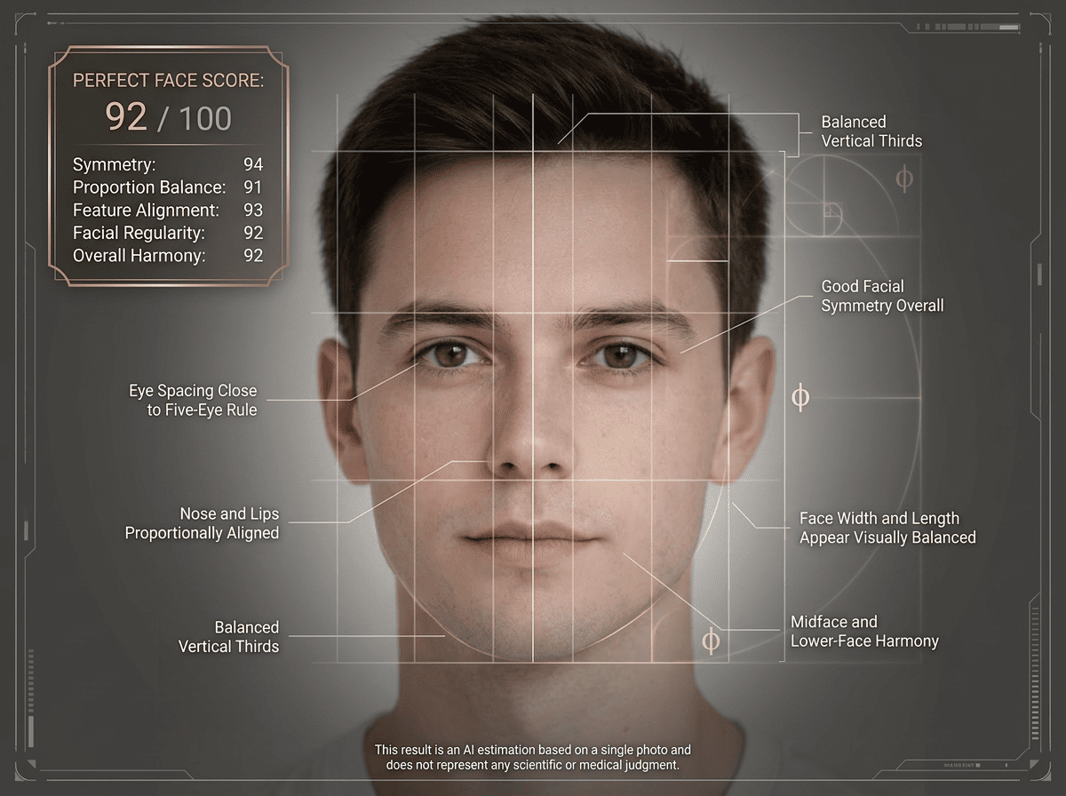 AI perfect face score report showing facial proportions and feature alignment