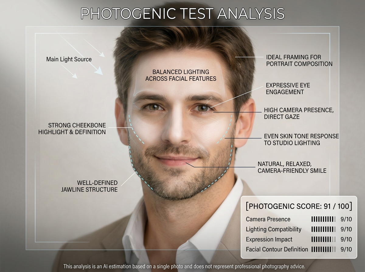 AI photogenic analysis report showing expression impact and portrait appeal