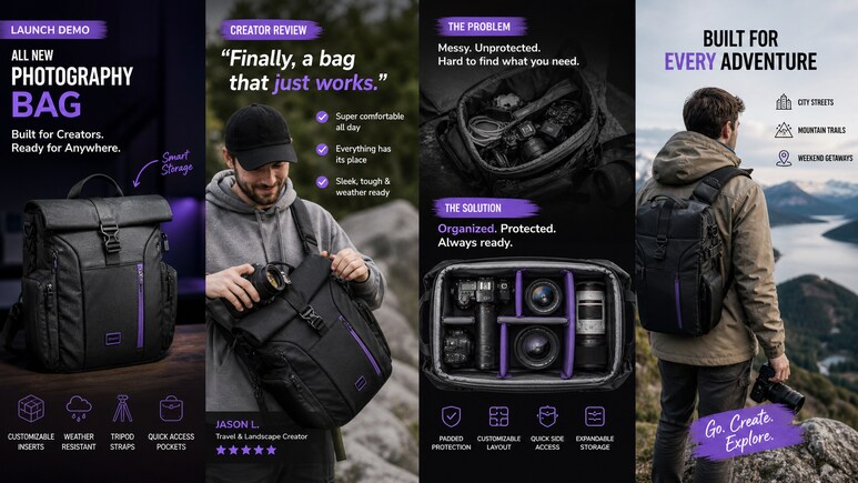 Multiple Photography Bag short video styles for ecommerce creative testing